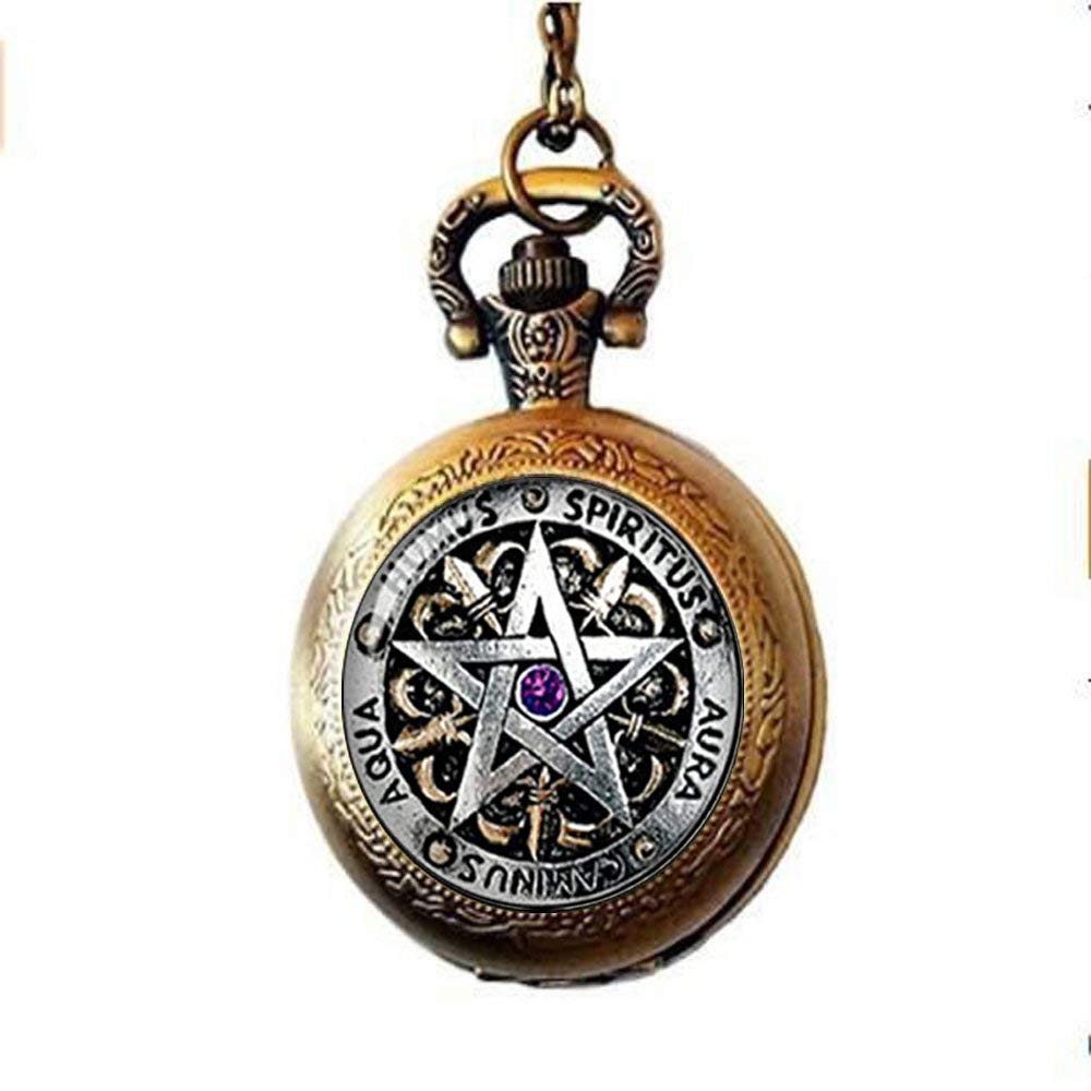 Wiccan Protection Pocket Watch Necklace, Pagan Pentagram Pocket Watch Necklace, Glass Dome Gift Women Men