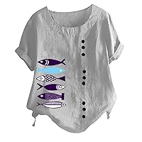 Women's Cotton Linen Summer Tops Plus Size Short Sleeve Tunic Shirt Cute Fish Print T-Shirt Casual Loose Button Blouse