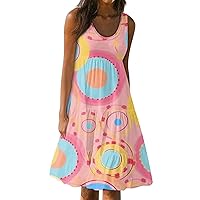 Sundresses for Women,Womens Cute Print Crewneck Sleeveless Summer Dresses Pleated Flowy Tank Dresses with Pockets