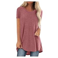 Plus Size Tunic Tops for Women Casual Long Shirts Solid Short Sleeve Loose Swing Blouses Soft Longline Tshirt Top