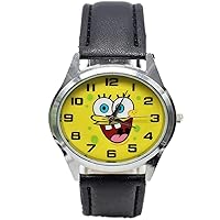 Sponge Bob Square Pants Round Face Black Leather Band Wrist Watch