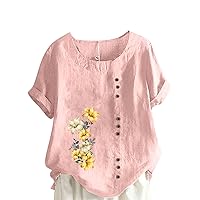 Womens Summer Tops Cotton Blend Crew Neck Short Sleeve Basic Tunic Tee Dandelion Print Vintage Shirts Top Blouse
