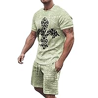 Mens Outfits 2 Piece Lightweight Relaxed-Fit Graphic Short Sleeve Shirt Printed Shorts Breathable Sport Set