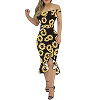 Sequin Prom Dress, Ruched Dresses for Women One Shoulder Dress Off Shoulder Dress Ladies Sexy Slit Ruffle Irregular Hem Casual Open Back Plain Off Midi A-Line Zipper Cocktail (Yellow,XX-Large)