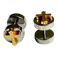 A Pair of 10mm 2-tone Stainless Steel Gold Cross Fake Plug Earrings (Black)