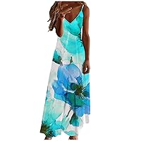 Floral Print Cover Up Maxi Dresses Women's Summer Spaghetti Strap Long Beach Dress Casual Sleeveless V Neck Sundress