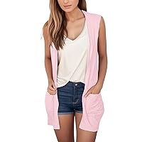 Women Casual Solid Print V Neck Coat Open Front Lightweight Cardigan Sleeveless Loose With Pockets(Pink,Small)