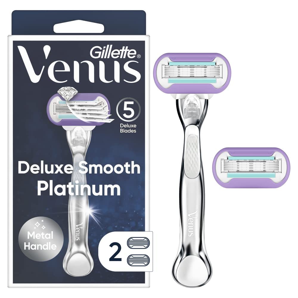 Gillette Venus Deluxe Smooth Platinum Razors for Women, 1 Venus Razor, 2 Razor Blade Refills, Metal Handle with Anti-Slip Grip
