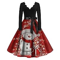 Women's Christmas Dress Fashion V-Neck Casual Slim Printed Long Sleeve Dresses, S-5XL
