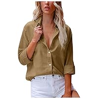 Women Business Shirts for Work, Ladies Cotton Linen Blouse Long Sleeve Button Down Shirt Plain Elegant Casual Tops