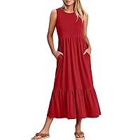 ANRABESS Women's Summer Casual Sleeveless Crewneck Swing Sundress Fit & Flare Flowy Tiered Maxi Dress with Pockets