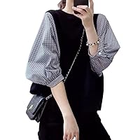[eleitchtee] LHT Women's Blouse, Shirt, 3/4 Sleeves, Switching, Checkered Pattern, Everyday Wear, Slimming, Soft, Casual, Work, Spring, Summer, Autumn, black + plaid pattern
