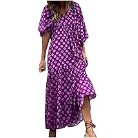 Women's 2024 Dress Autumn Puff Sleeve Smocked Floral Plus Size Maxi Dress V Neck Lace Flowy Tiered Beach Long Dresses