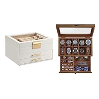Wooden Watch Box and Jewelry Box, 2-Tier 10 Slots Watch Display Case for Large Dial Watches, Christmas Gifts, Watch Jewelry Box Organizer with Glass Lid, Large Capacity