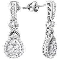 10kt White Gold Womens Round Diamond Teardrop Cluster Dangle Earrings 1/2 Cttw