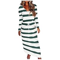 Short Summer Dresses for Women 2024, Women Stripe Print Dress V-Neck Long Sleeve Loose Casual Pocket Dress Cas