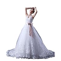 White Lace A Line Halter Chapel Train Wedding Dress With Pink Sash