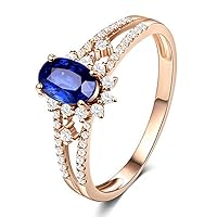 Fashion Design Natural Blue Sapphire Gemstone Solid 14K Rose Gold Engagement Wedding Promise Ring Set for Women