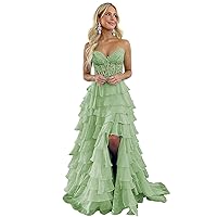 Lace Strapless Corset Prom Dresses with Slit 2024 Long Tiered Ruffle Chiffon Formal Evening Dress for Women Sage Green