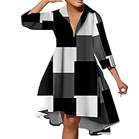 Women's Elegant Print Midi Dress with Hemline Loose Fit V Neck Flowy Casual Shirt Dress with Mid Length Sleeves