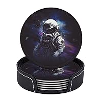 Astronaut Printed Drink Coasters with Holder Leather Coasters Set of 6 Tabletop Protection Decorate Cup Mat for Coffee Table Bar Kitchen Dining Room