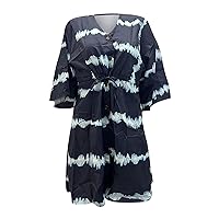 Women's Dresses for Large Busted V Neck Holiday Dress Boho Print Drawstring Sun Beach Dress Dresses 2023, S-2XL