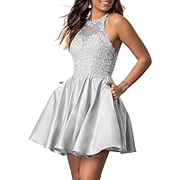 Womens Sexy Beaded Short Satin Homecoming Dresses Halter 2019 Lace Appliqued Prom Dress with Pockets