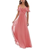 Off The Shoulder Ruffles V Neck Chiffon Bridesmaid Dresses Long Party Prom Gown