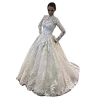 Melisa Muslim Arabic Sequins Wedding Dresses for Bride with Train High Neck Long Sleeves Lace Bridal Ball Gowns