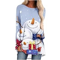 Women Christmas Shirt Tops Cute Santa Claus Snowman Printed Tunic Blouse Long Sleeve Holiday Funny Graphic T-Shirt