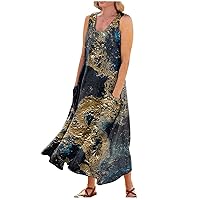 Spring Dresses for Women 2024 Summer Casual Printed Sleeveless Round Neck Pocket Dress