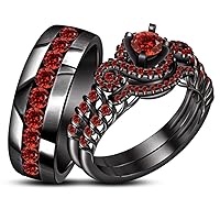 Sterling Silver Created Red Garnet Cluster Trio Bridal Set Wedding Men's And Women's Couple Rings,Engagement Ring Band Set 14K Black Gold Plated