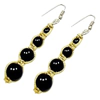 Silvesto India Handmade Jewelry Manufacturer 925 Silver Plated, Beaded Black Onyx, Cord, Dangle Earring Fish Hook