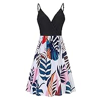 Women's Bohemian V-Neck Trendy Dress Casual Summer Swing Foral Print Hawai Sleeveless Knee Length Beach Flowy