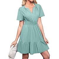 Women's Solid Color V-Neck Short Sleeve Dress High Waisted Pleated Hem Dresses