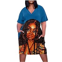 Women's Casual Loose V Neck T-Shirt Dress African Print Short Sleeve Midi Dresses Oversized Tunic Dress with Pockets