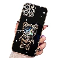 Casechics Compatible with iPhone Case,Cute Astronauts Glitter Sparkle Bling Liquid Quicksand Electroplated Holder Kickstand Stand Shockproof Cover Phone Case (Black,iPhone 15)