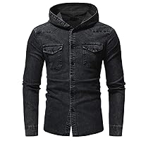 Men's Long Sleeve Slim Fit Button Up Washed Denim Shirts with Hood