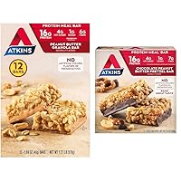 Atkins Peanut Butter Granola Protein Meal Bar, High Fiber, 16g Protein, 1g Sugar, 4g Net Carb & Chocolate Peanut Butter Pretzel Protein Meal Bar, High Fiber, 16g Protein, 1g Sugar