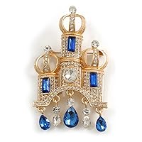 Large Blue/Clear Crystal Castle Palace Brooch in Light Gold Tone - 80mm Tall