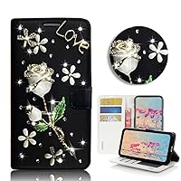 STENES Bling Wallet Phone Case Compatible with Samsung Galaxy A11 - Stylish - 3D Handmade Pretty Rose Flowers Floral Magnetic Wallet Stand Leather Cover Case - Black