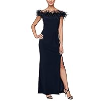 Alex Evenings Women's Long Length Off The Shoulder Gown with Front Slit and Maribou Detail Neckline, Formal Party Dress