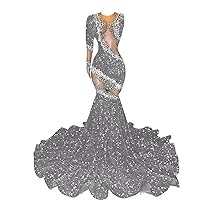 Women's Deep V Neck One Sleeve Mermaid Prom Gown Sparkly Sequin Crystal Cut-Out Evening Dress Party Gown