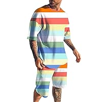 Prom Attire for Boys Men's 2 Piece Outfits Hipster Printed Patchwork Tee Shirt and Shorts Set New Years Suit for