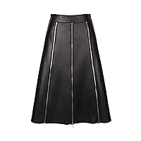 Women Autumn High Waist Loose Black Long Skirts Ladies A-Line Zippers Genuine Leather Skirts