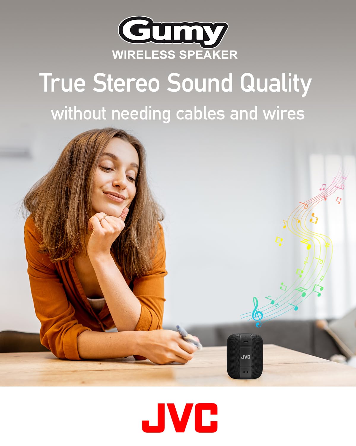 JVC Portable Gumy Wireless Speaker with Surround Sound, Bluetooth 5.3, Lightweight, TWS Capability, USB-C, up to 15-Hour Battery Life - SPSG1BTB (Black)