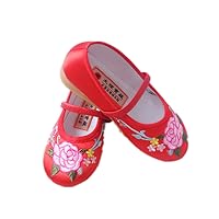 Children Girl's Flower Embroidery Loafer Shoes Kid's Cute Flat Dance Shoe Red