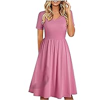 Women's Swing V-Neck Trendy Glamorous Dress Solid Color Casual Loose-Fitting Summer Beach Short Sleeve Midi Flowy Pink