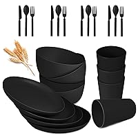 Wheat Straw Dinnerware Sets - 24 pcs Lightweight Unbreakable Dishwasher Microwave Safe Cups Cutlery Plates and Bowls Set for 4 Suitable for Camping Party Grill（Black）