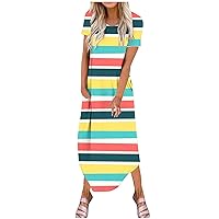 Womens Casual Stripe Maxi Dress Short Sleeve Long Dresses Irregular Hem Flowy Swing Dress Summer Beach Dress with Pockets